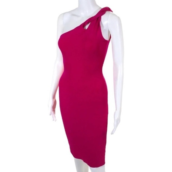 Cushnie One Shoulder Dress Size 2 Magenta Pink Twist Strap Cutout Sheath - Picture 2 of 8